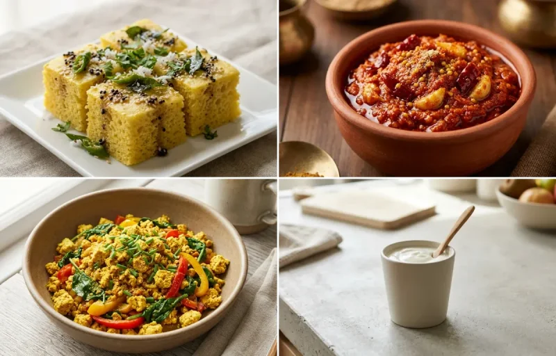 Khaman Dhokla with Garlic Chutney, Tofu Scramble and Plain Yogurt Cup