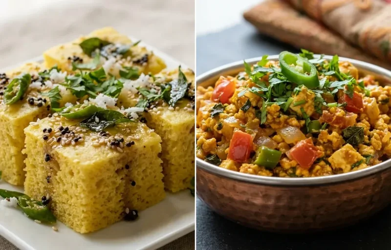 Khaman Dhokla with Mint Coriander Chutney No-Salt, Paneer Bhurji and Orange Segments