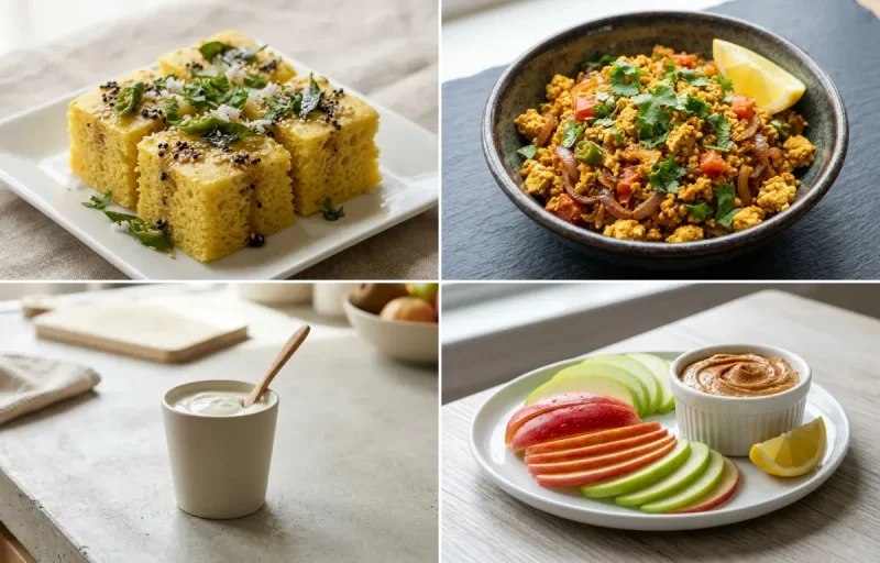 Khaman Dhokla with Mint Coriander Chutney No-Salt, Tofu Bhurji, Plain Yogurt Cup and Apple Slices With Peanut Butter