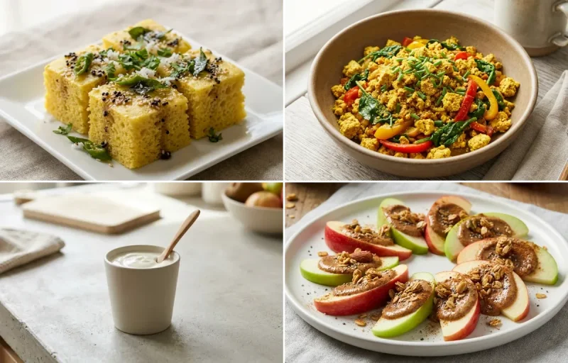 Khaman Dhokla with Mint Coriander Chutney No-Salt, Tofu Scramble, Plain Yogurt Cup and Apple Slices With Almond Butter