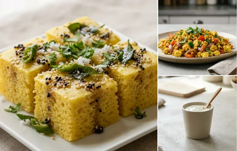 Khaman Dhokla with Mint Coriander Chutney No-Salt, Vegan Tofu Bhurji, Plain Yogurt Cup and Cucumber Chaat