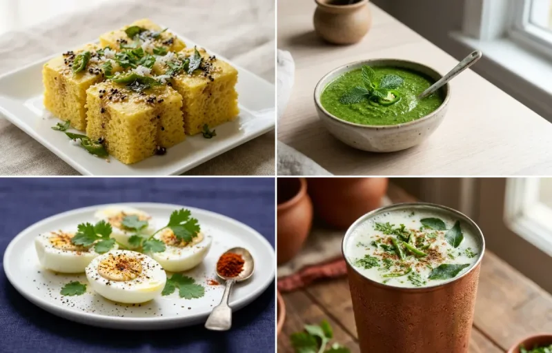 Khaman Dhokla with Mint-Coriander Green Chutney with Boiled Egg Whites with Chaas with Papaya Boat