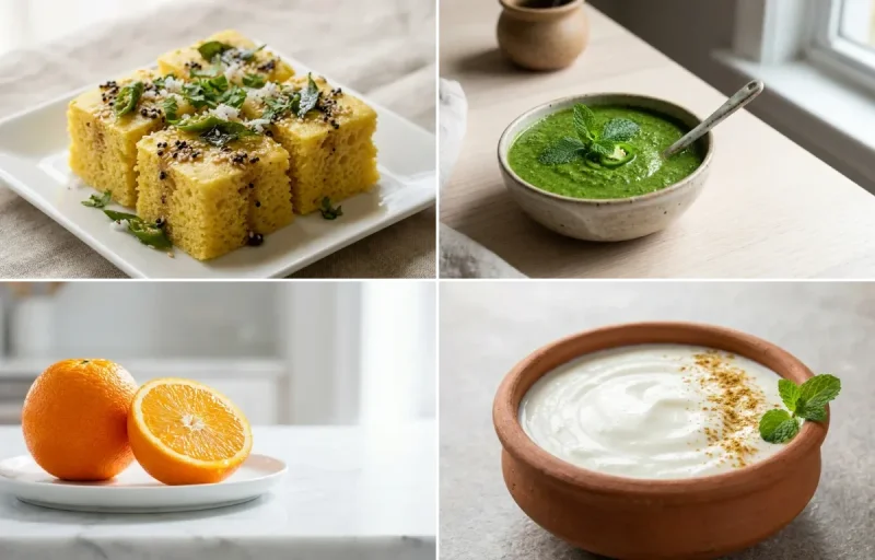 Khaman Dhokla with Mint-Coriander Green Chutney with Chaas with Orange