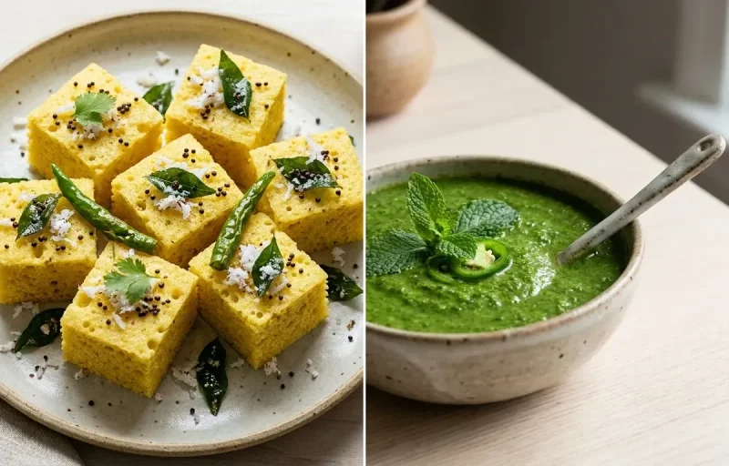 Khaman Dhokla with Mint-Coriander Green Chutney