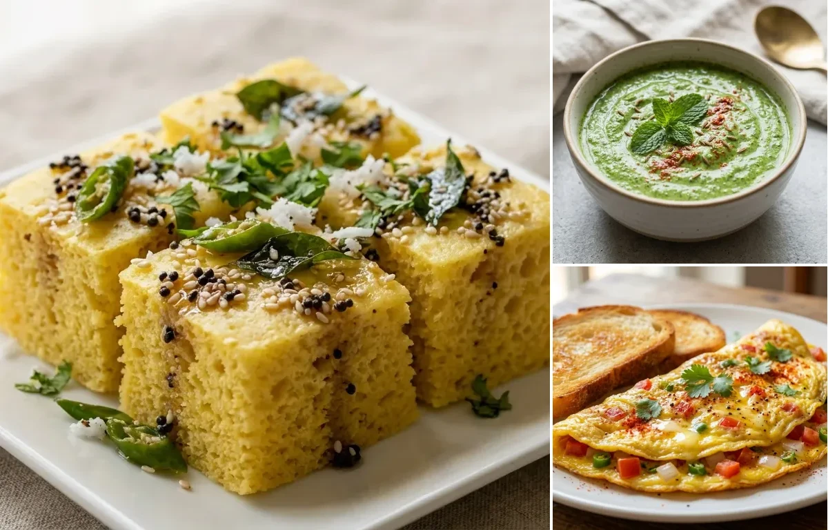 Khaman Dhokla with Mint Yogurt Chutney and Bread Omelette