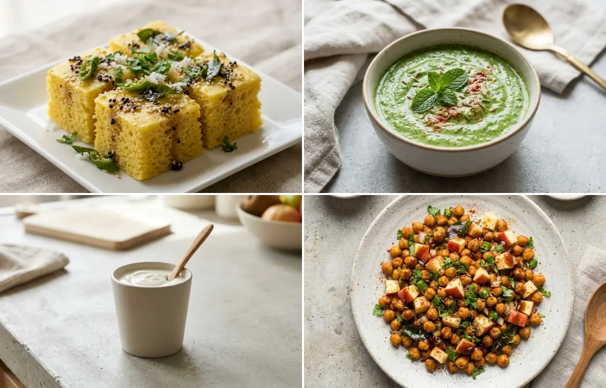 Khaman Dhokla with Mint Yogurt Chutney, Plain Yogurt Cup and Roasted Chana With Apple