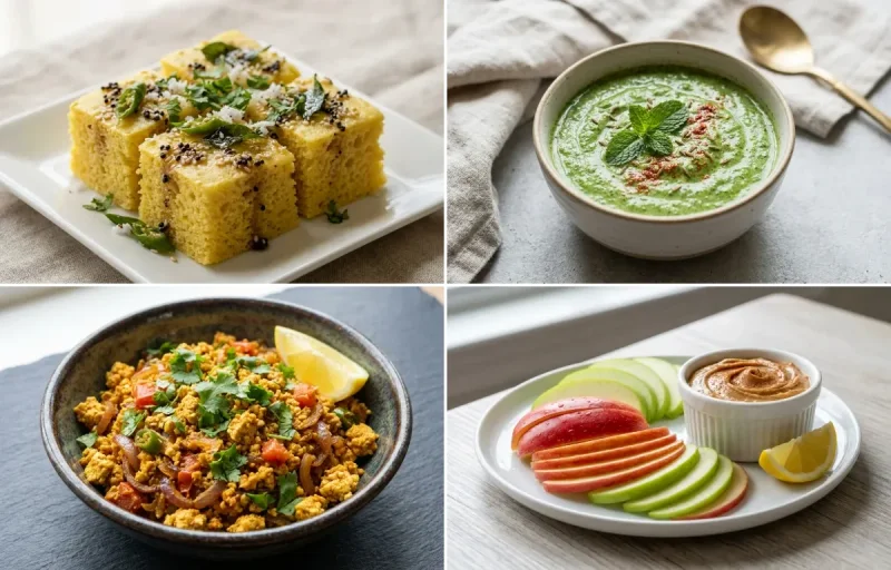 Khaman Dhokla with Mint Yogurt Chutney, Tofu Bhurji and Apple Slices With Peanut Butter