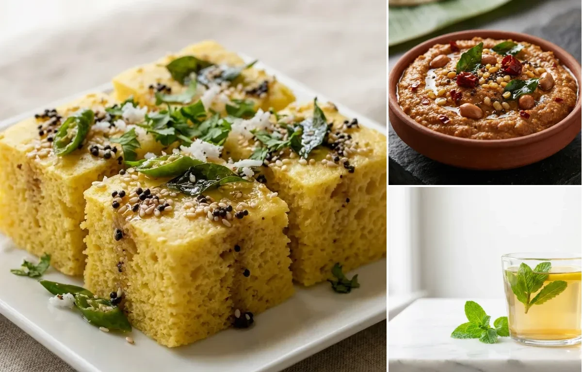 Khaman Dhokla with Peanut Chutney with Spearmint Tea
