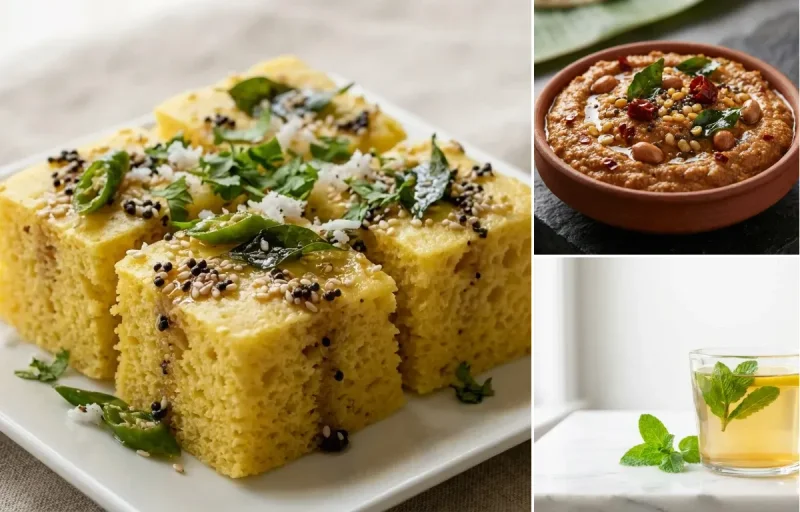 Khaman Dhokla with Peanut Chutney with Spearmint Tea