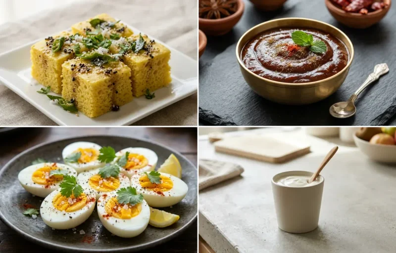 Khaman Dhokla with Tamarind Date Chutney, Boiled Egg, Plain Yogurt Cup and Roasted Chana With Apple