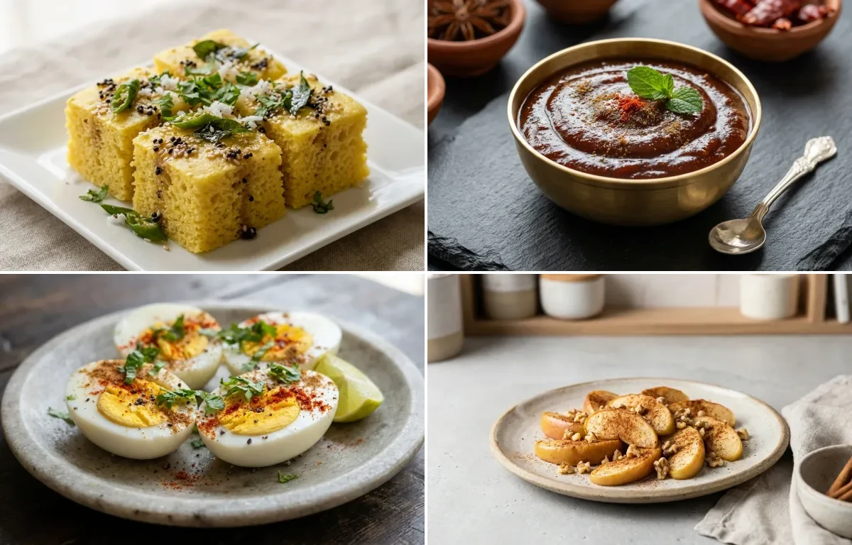 Khaman Dhokla with Tamarind Date Chutney, Boiled Eggs and Apple With Cinnamon
