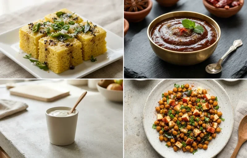 Khaman Dhokla with Tamarind Date Chutney, Plain Yogurt Cup and Roasted Chana With Apple