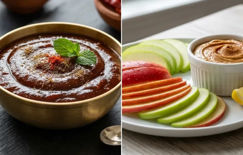 Khaman with Tamarind Date Chutney, Two Boiled Eggs and Apple Slices With Peanut Butter