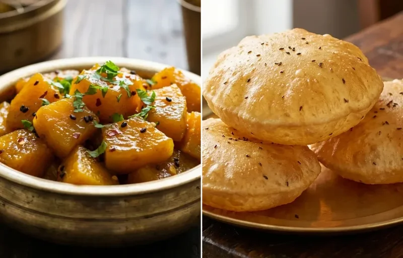 Khatta Meetha Kaddu Sabzi with Ajwain Puri