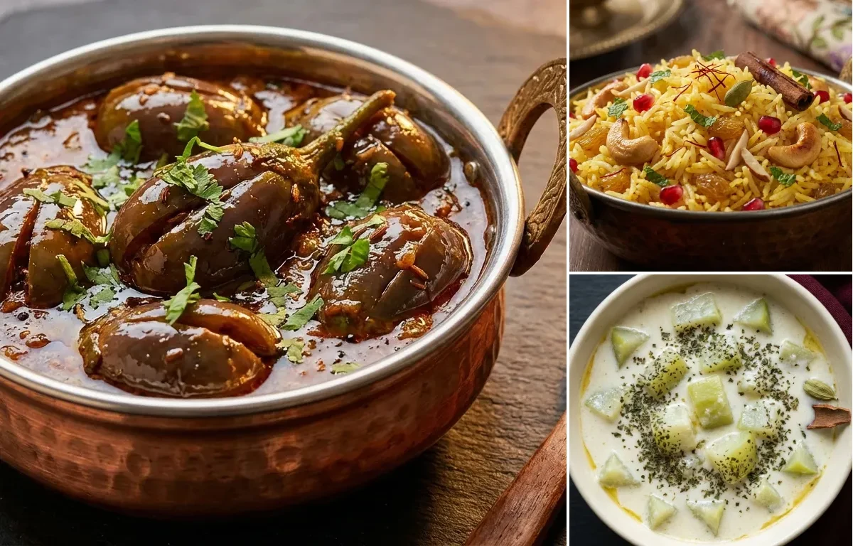 Khatte Baingan with Kashmiri Pulao and Kashmiri Lauki Yakhni