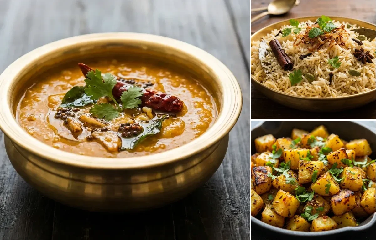 Khatti Dal with Bagara Rice and Aloo Fry