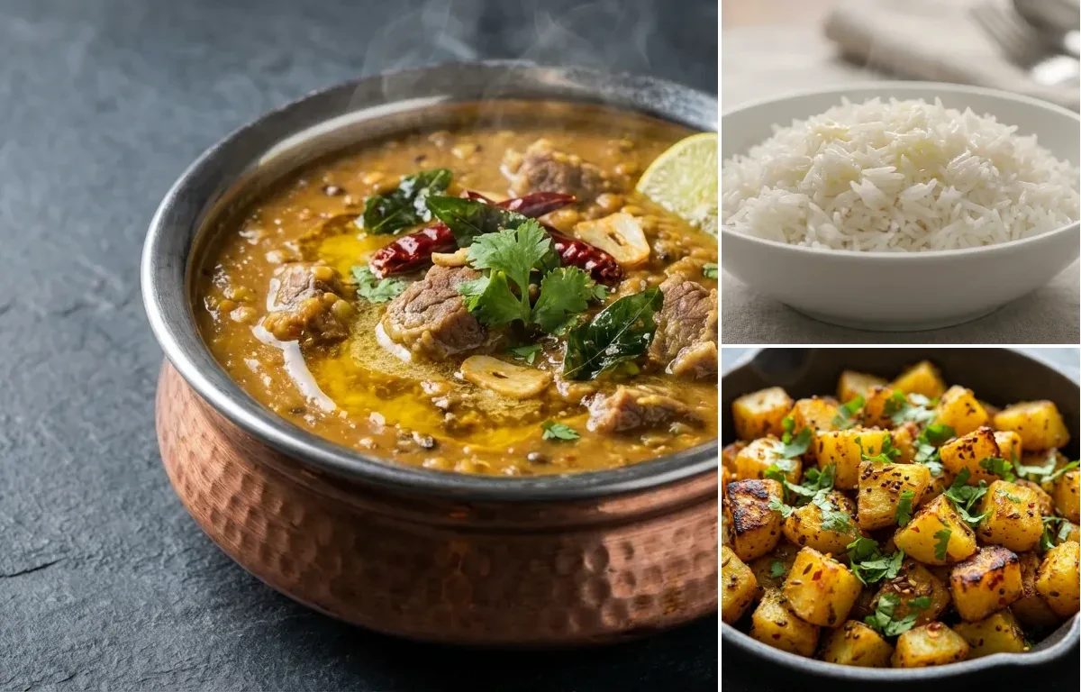 Khatti Dal Gosht with Steamed Basmati Rice and Aloo Fry