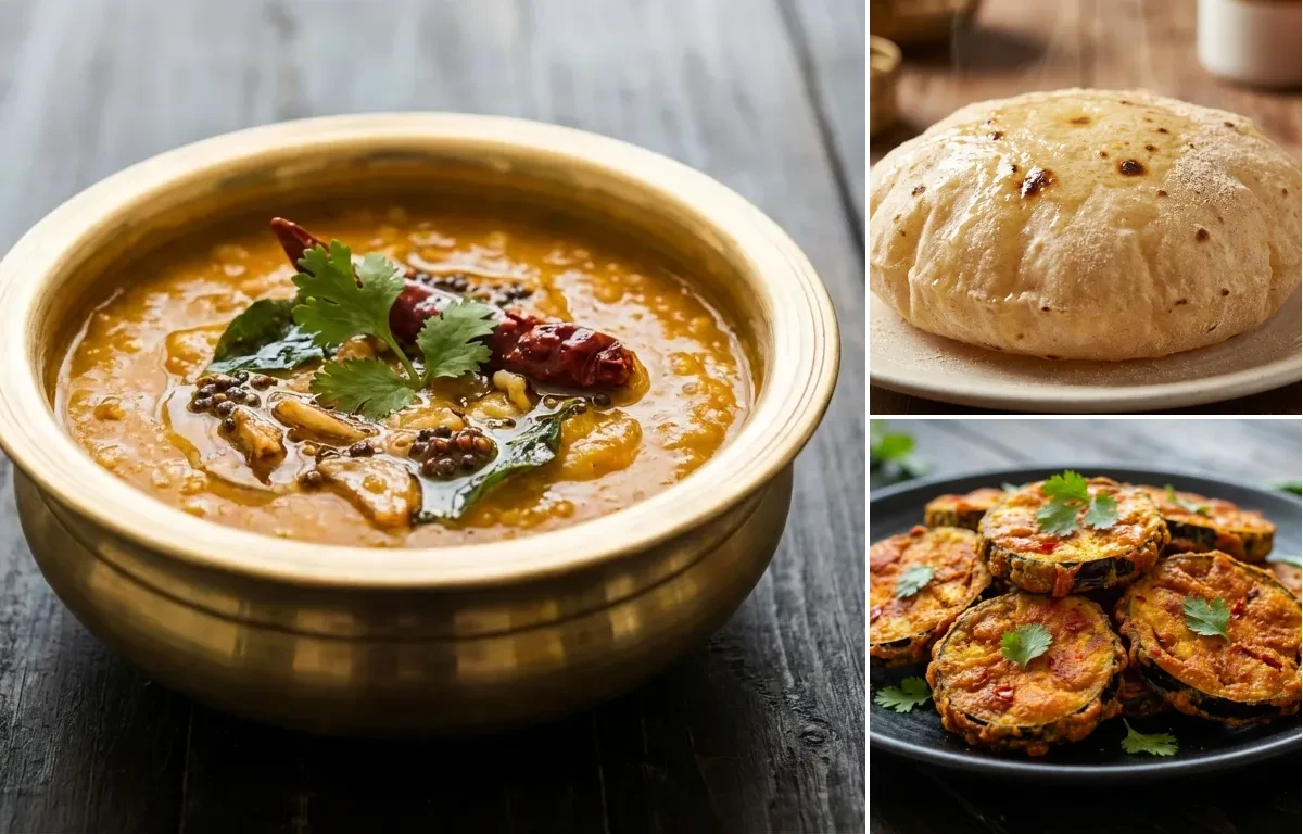 Khatti Dal with Phulka and Baingan Fry