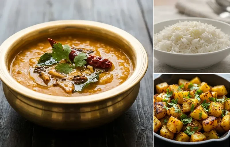Khatti Dal with Steamed Basmati Rice and Aloo Fry