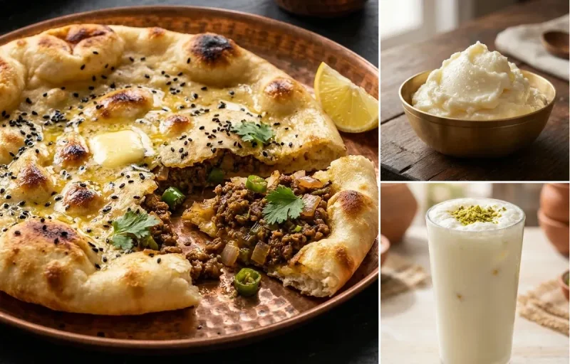 Kheema Kulcha with White Butter and Sweet Lassi