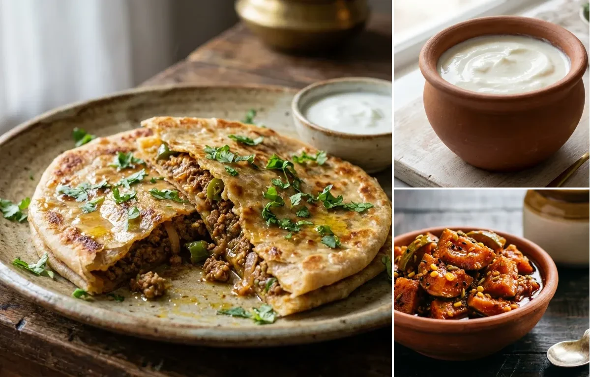 Kheema Paratha with Curd and Mango Pickle