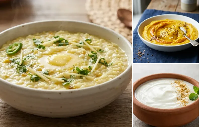 Khichdi with Mashed Pumpkin with Dahi
