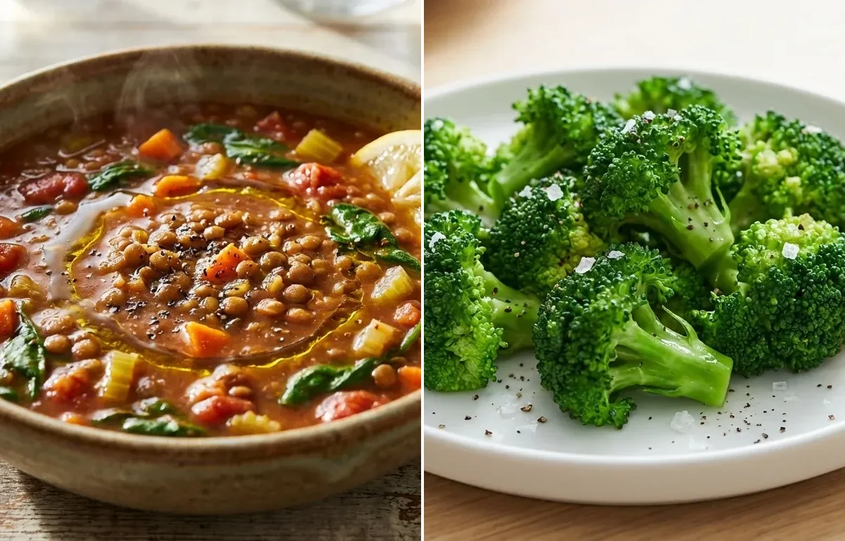 Lentil Soup with Whole Wheat Couscous, Steamed Broccoli and Sliced Avocado