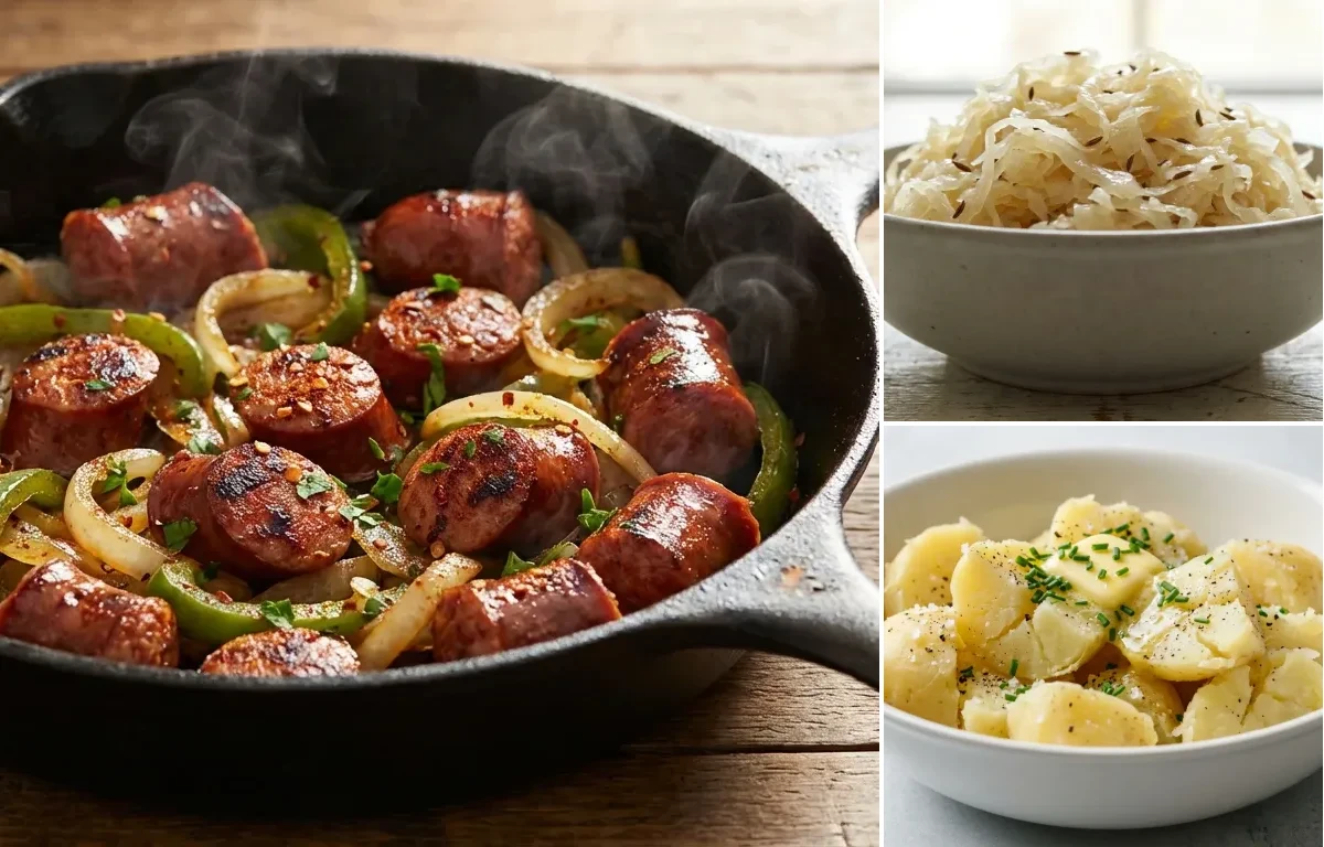 Kielbasa and Onions with Sauerkraut and Boiled Potatoes