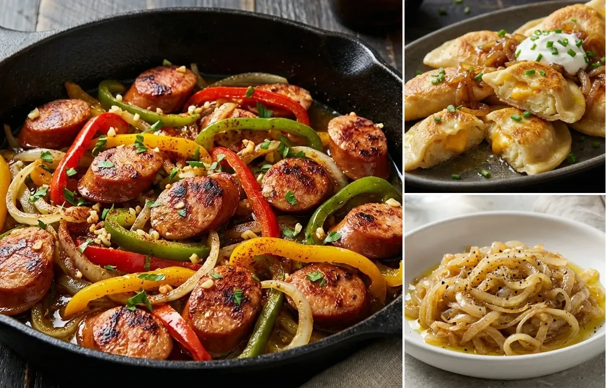 Kielbasa with Peppers and Onions with Potato and Cheese Pierogies and Sauteed Onions