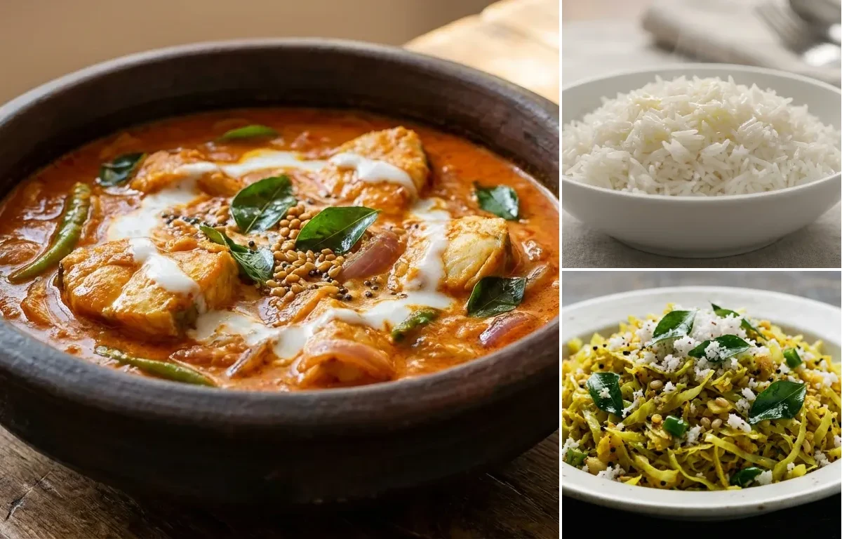 King Fish Curry with Steamed Basmati Rice and Cabbage Thoran