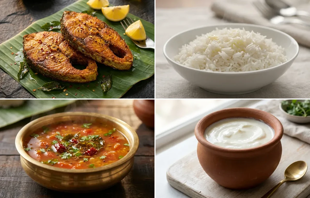 Kingfish Fry with Steamed Basmati Rice, Tomato Rasam and Curd
