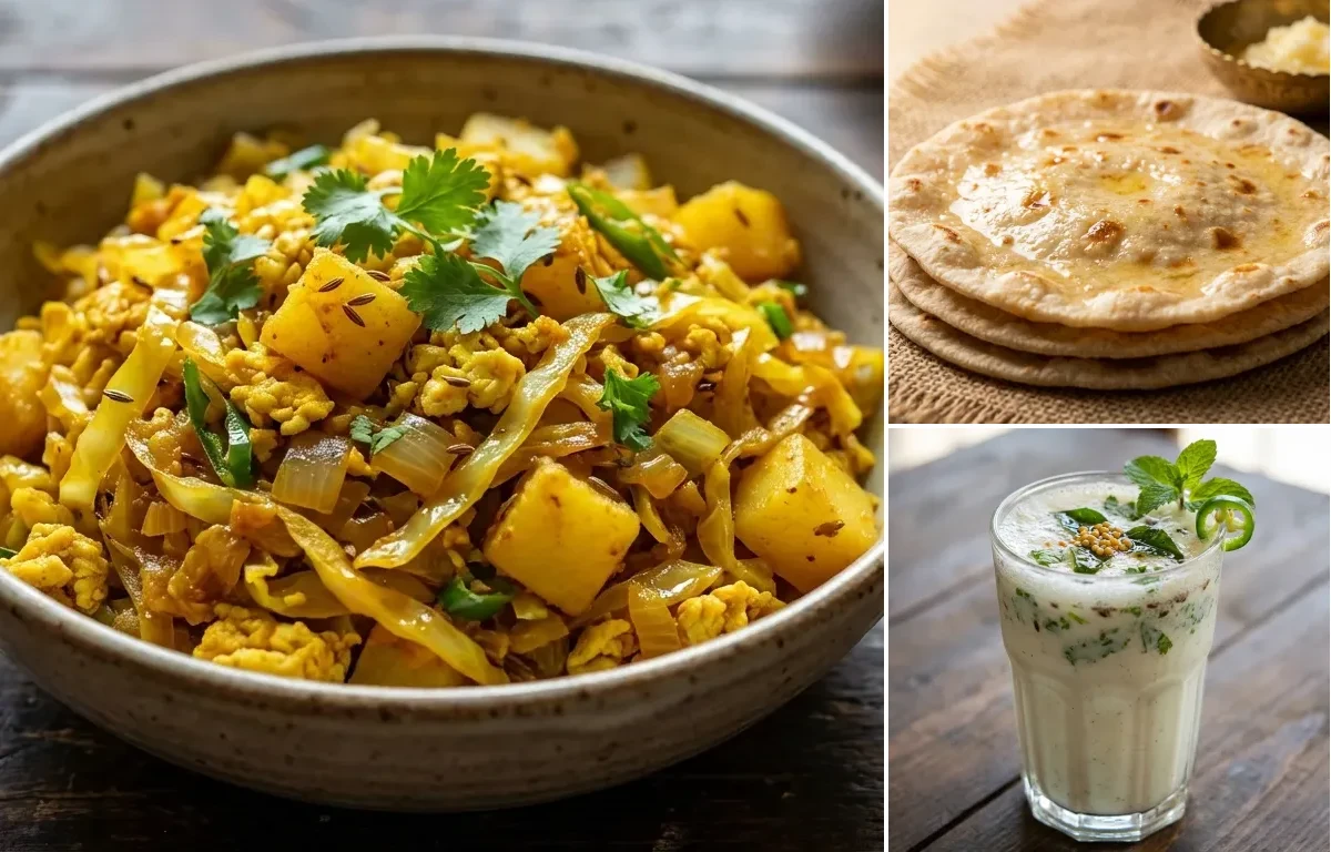 Kobi Papeta ma Eeda with Rotli and Masala Chaas