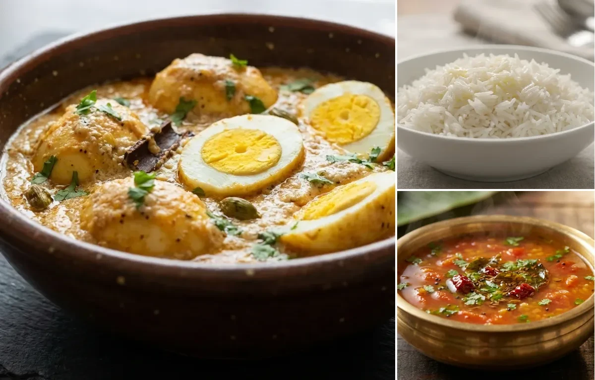 Kodi Guddu Gasagasala Kura with Steamed Basmati Rice and Tomato Rasam