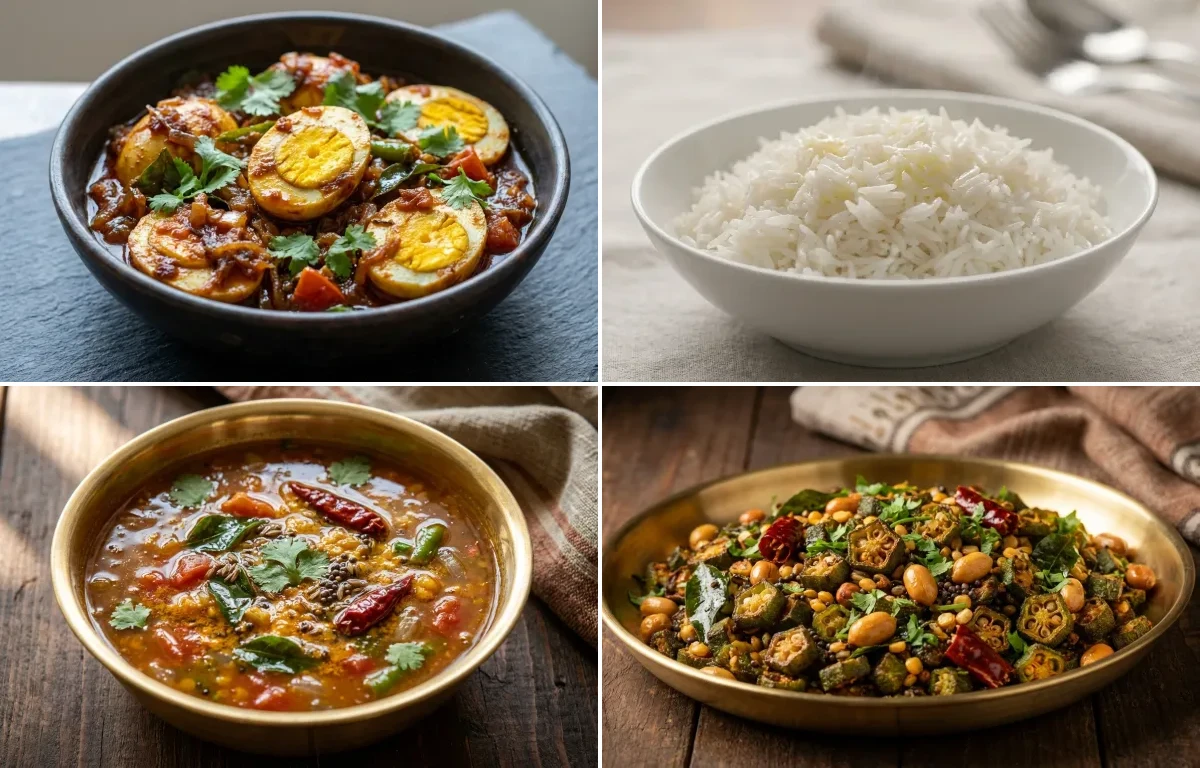 Kodi Guddu Iguru with Steamed Basmati Rice, Pappu Charu and Bendakaya Vepudu
