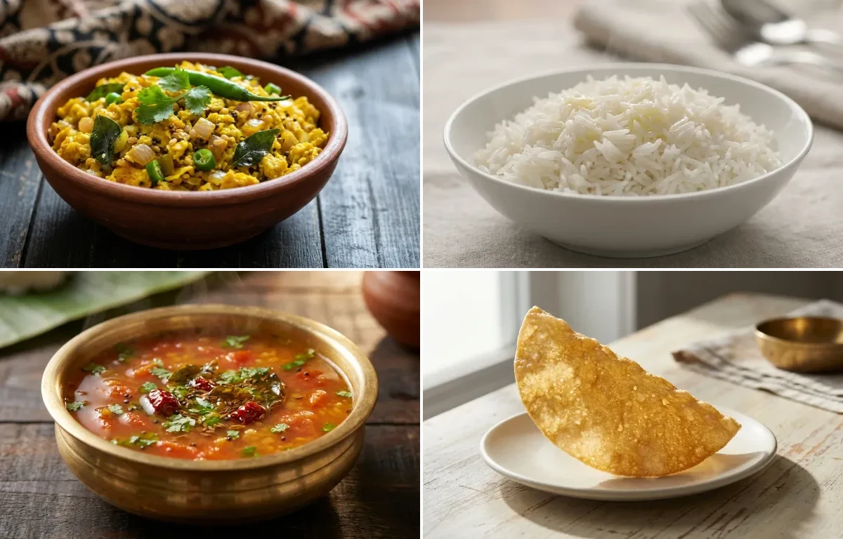 Kodi Guddu Porutu with Steamed Basmati Rice, Tomato Rasam and Appadam