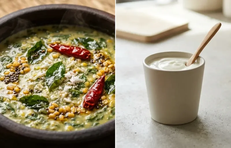 Kodo Millet Idli with Keerai Kootu, Tomato Garlic Chutney and Plain Yogurt Cup