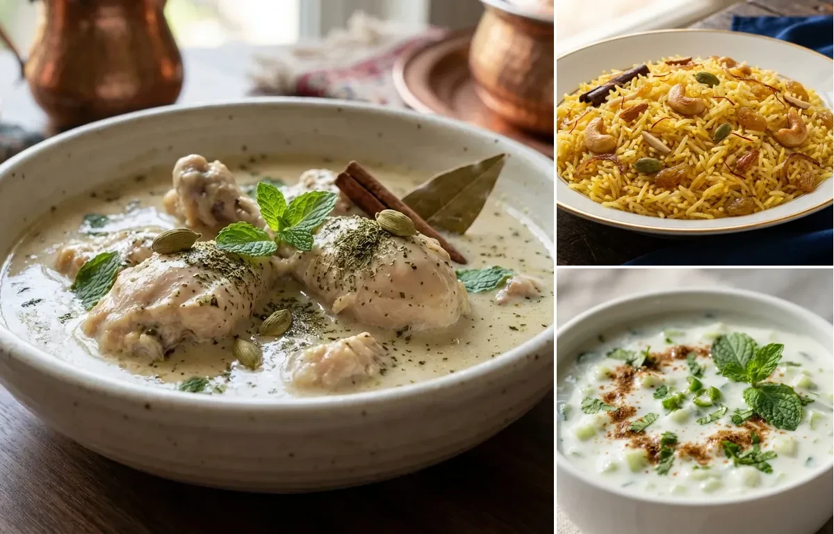 Kokur Yakhni with Zafrani Pulao and Cucumber Raita