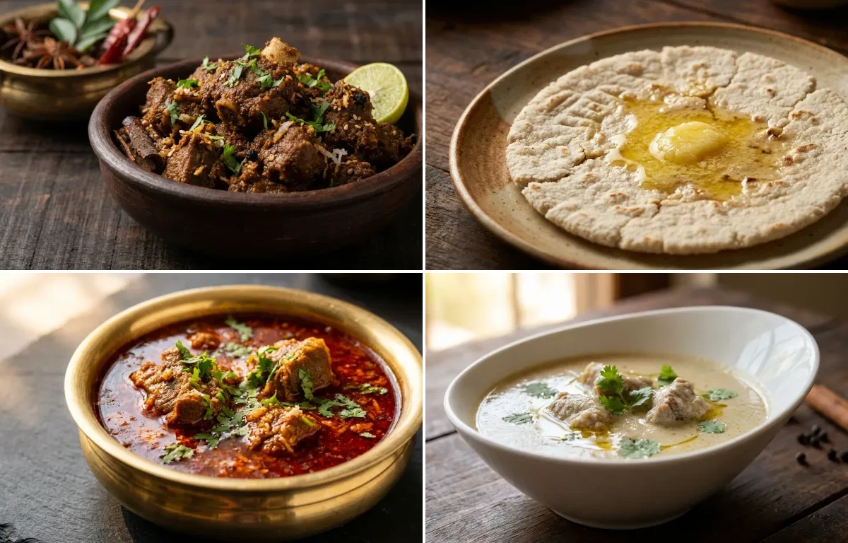 Kolhapuri Mutton Sukka with Jowar Bhakri, Tambda Rassa and Pandhra Rassa