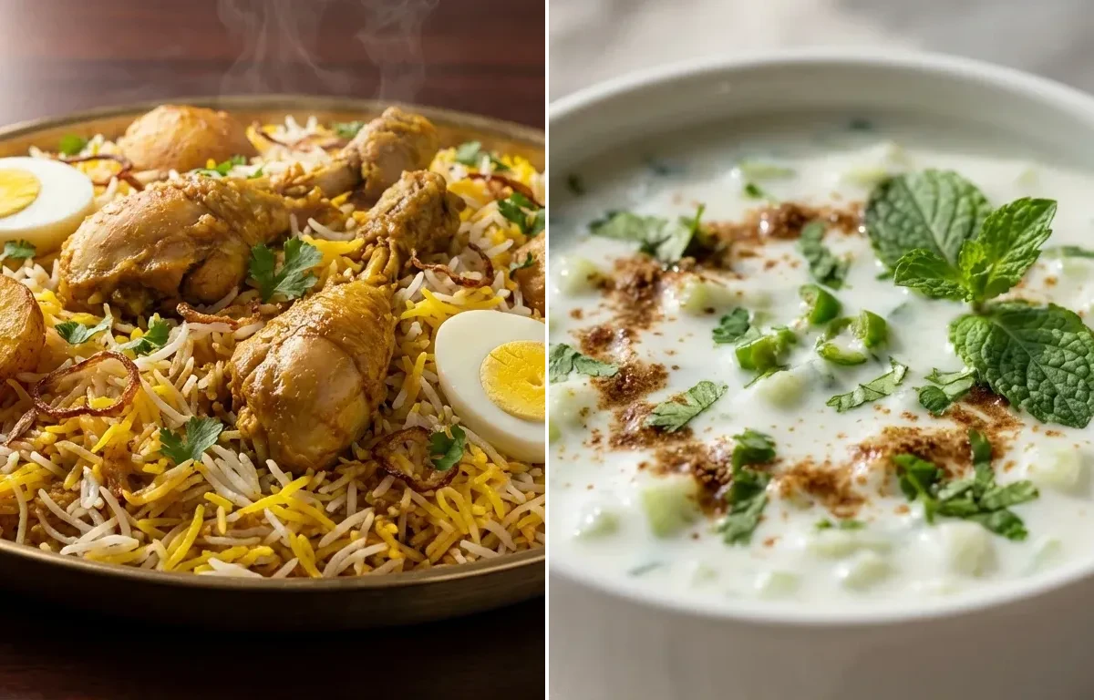 Kolkata Chicken Biryani with Cucumber Raita