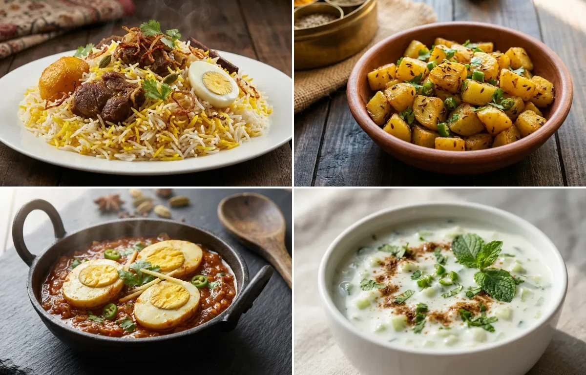 Kolkata Mutton Biryani with Jeera Aloo, Egg Masala Fry and Cucumber Raita