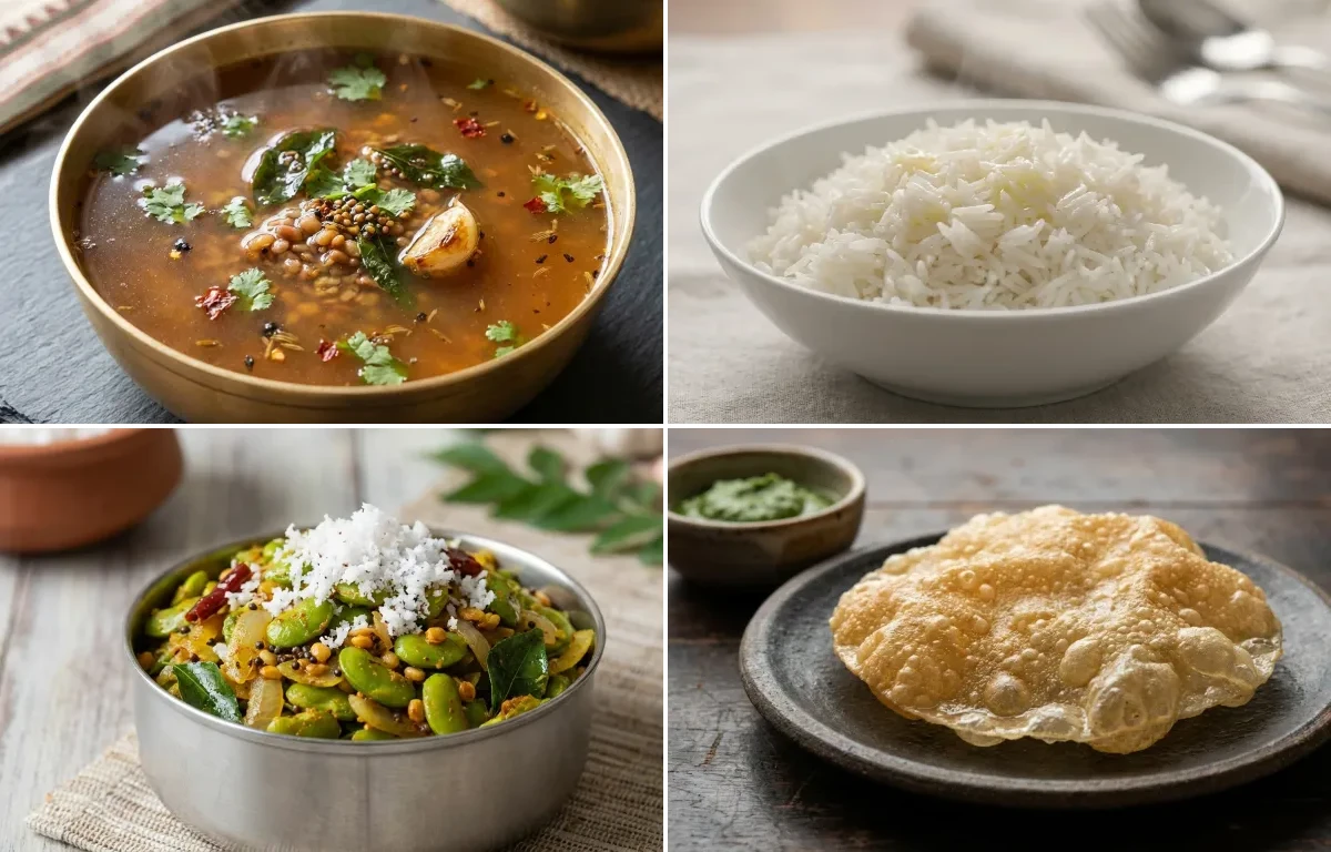 Kollu Rasam with Steamed Basmati Rice, Avarakkai Poriyal and Appalam
