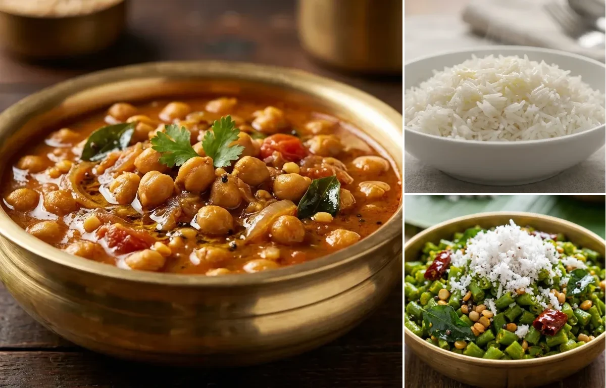 Kondakadalai Kozhambu with Steamed Basmati Rice and Beans Poriyal