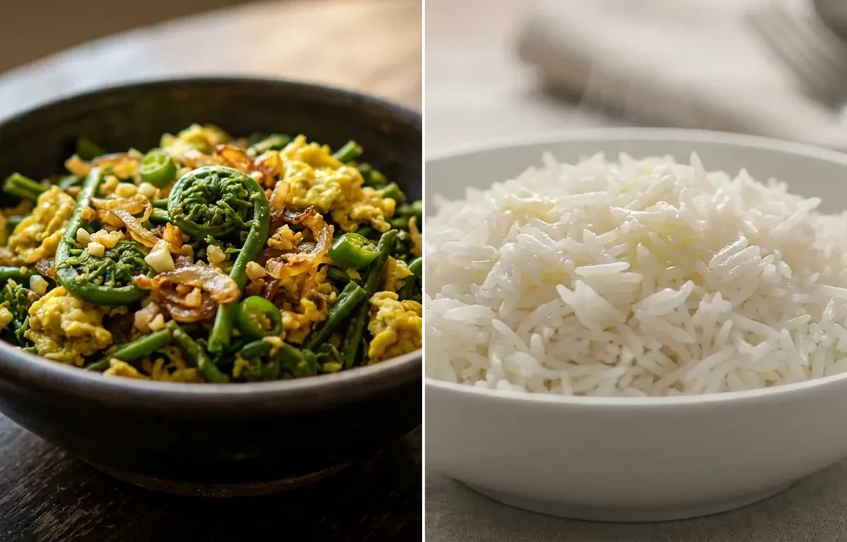 Koni aru Dhekia Xaak Bhaji with Steamed Basmati Rice