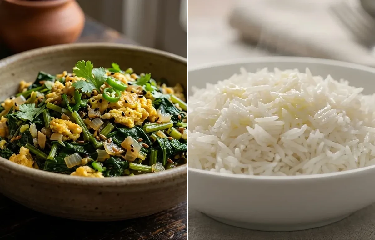Koni aru Kosu Xaak Bhaji with Steamed Basmati Rice