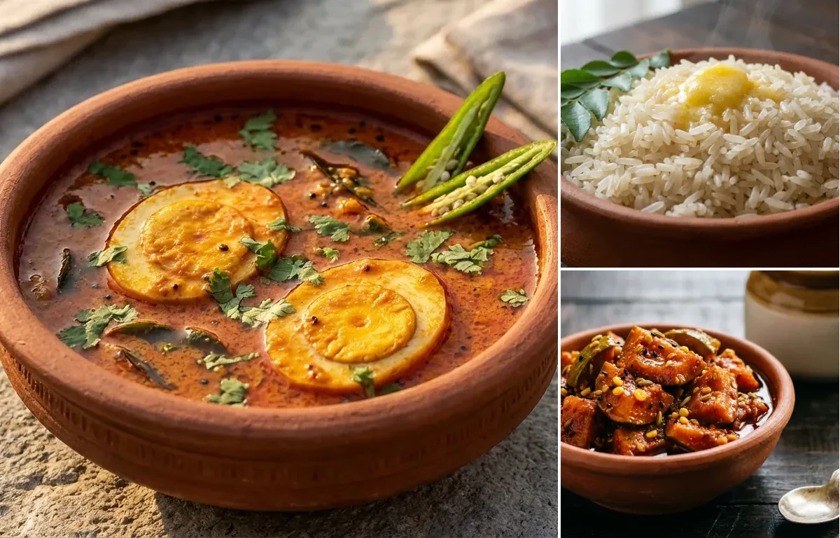 Konkani Egg Curry with Ukda Tandul and Mango Pickle