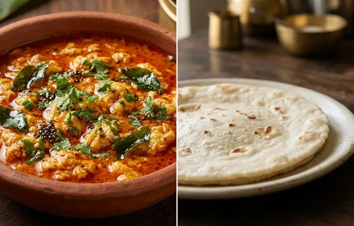 Konkani Egg Drop Curry with Rice Bhakri
