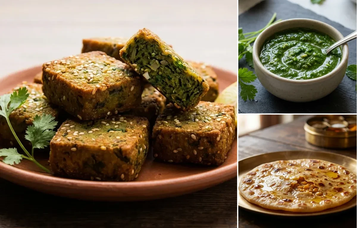 Kothimbir Vadi with Coriander Mint Chutney and Puran Poli