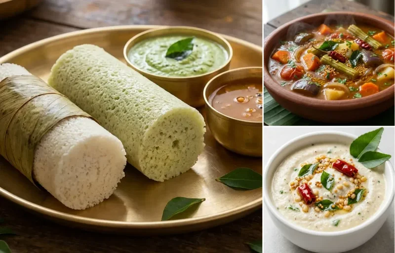 Kotte Kadubu with Vegetable Sambar and Coconut Chutney