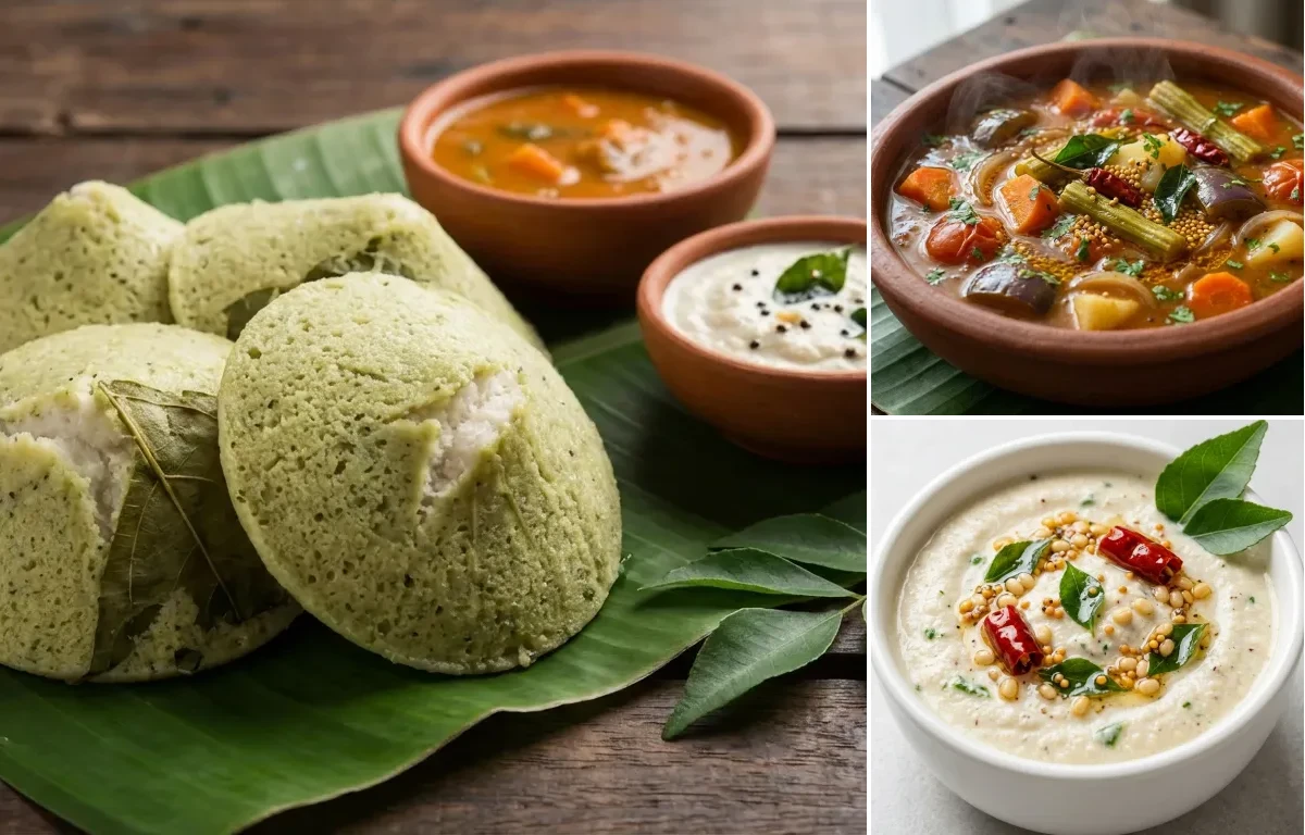 Kottige Idli with Vegetable Sambar and Coconut Chutney