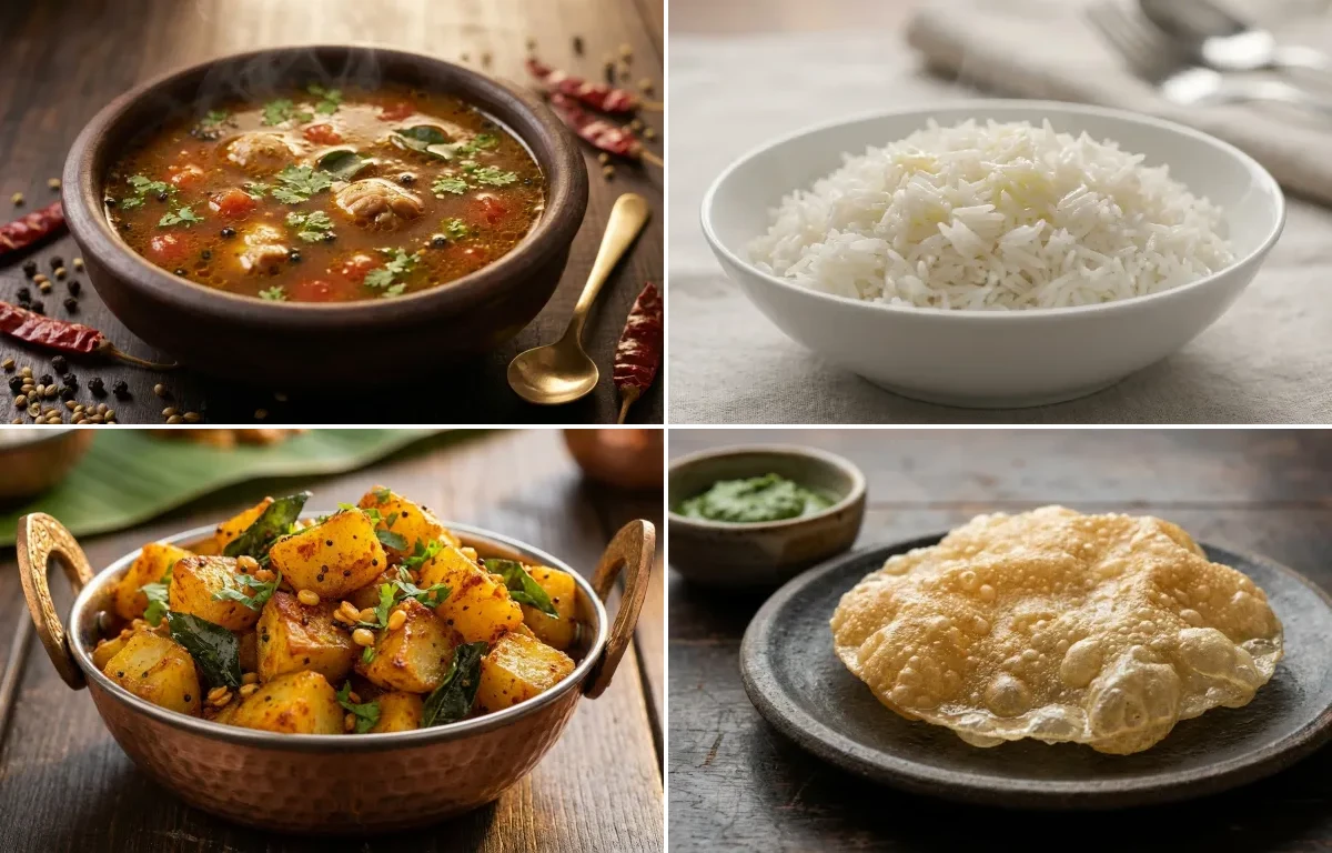 Kozhi Rasam with Steamed Basmati Rice, Potato Roast and Appalam
